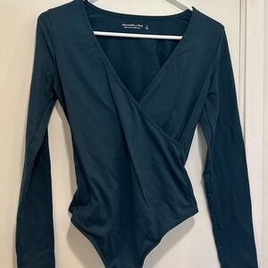 Abercrombie & Fitch Teal Long Sleeve Seamless Fabric Wrap Bodysuit
